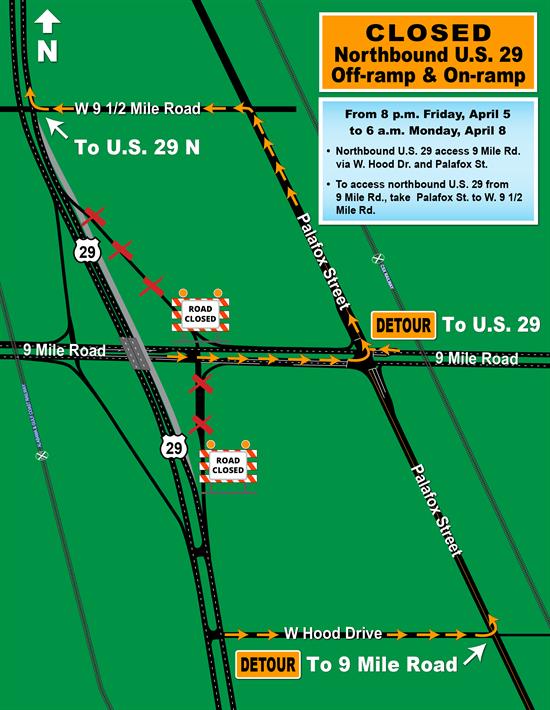 U.S. 29 off and on-ramps at Nine Mile Road closure map U.S. 29 off and on-ramps at Nine Mile Road closure map