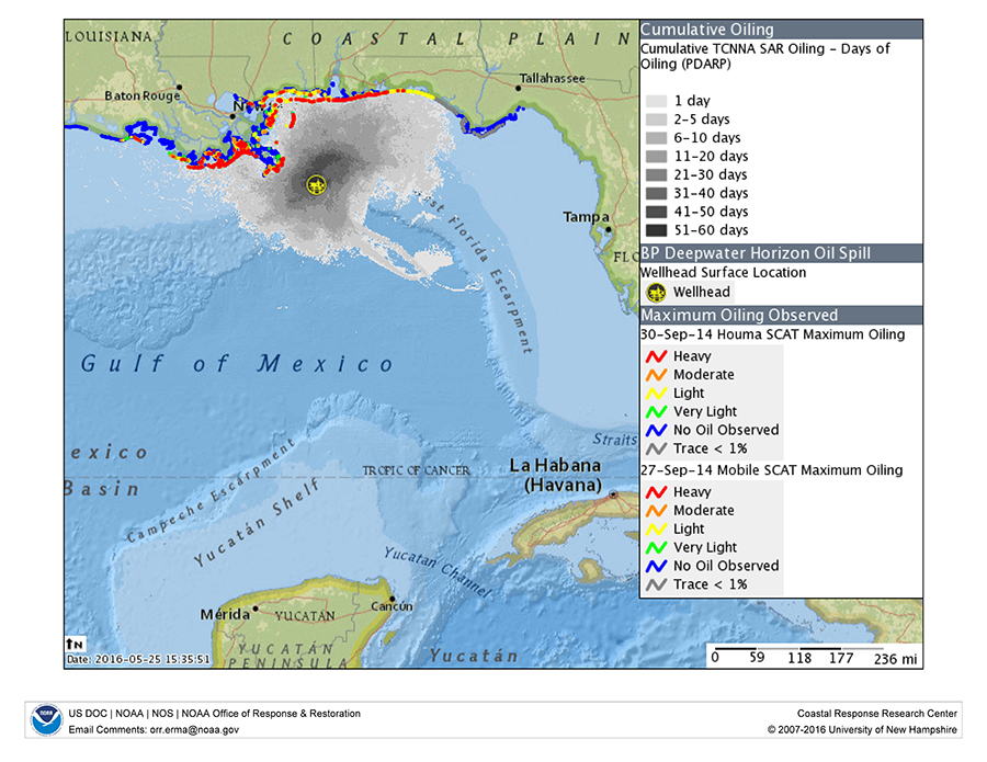 Maximum Oiling Map Showing Escambia with Heavy Oiling 