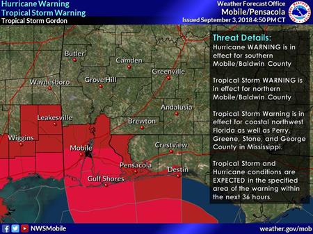 Tropical Storm Gordon Warning Details as of 5:30 p.m. Tuesday, Sept. 3 Tropical Storm Gordon Warning Details as of 5:30 p.m. Tuesday, Sept. 3